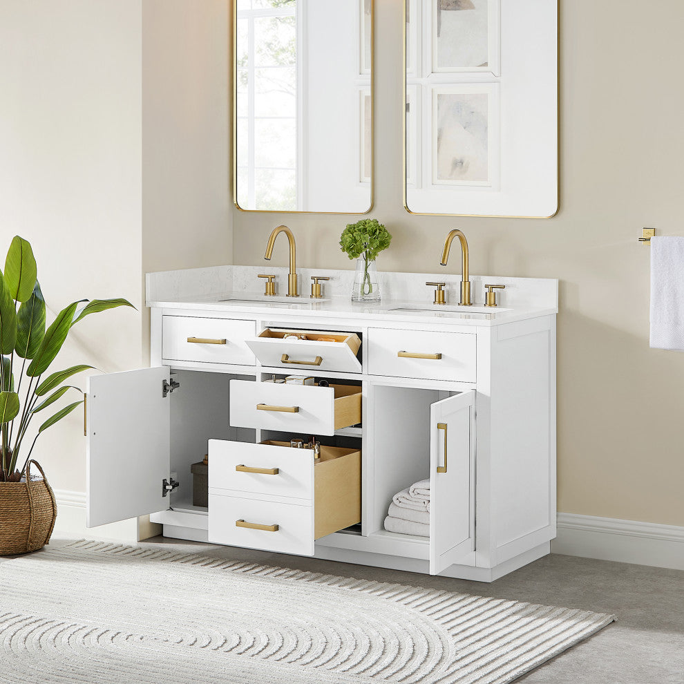 Gavino Vanity With Grain White Composite Stone Top, White/Brushed Gold, 54", No Mirror