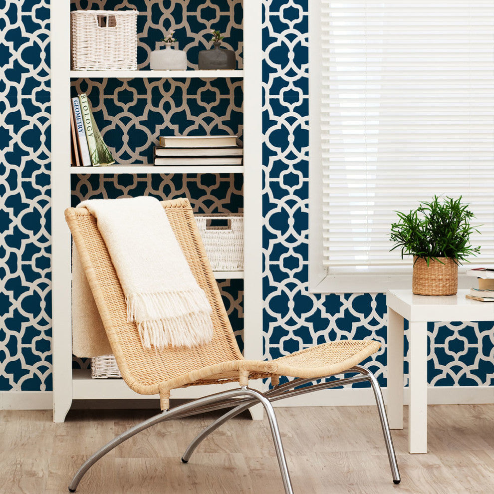 Trellis Peel and Stick Vinyl Wallpaper, White Navy, 24"w X 108"h