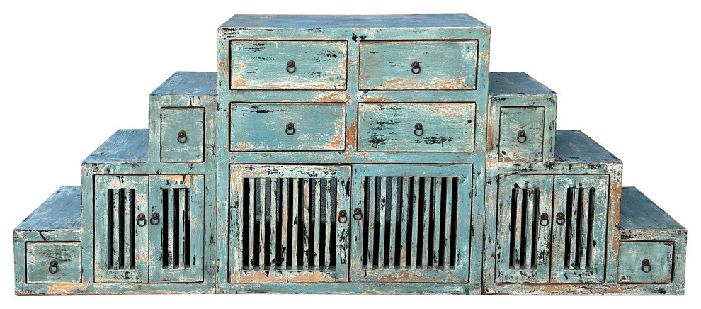 Distressed Pastel Blue Triangle Step Tansu Cabinet Display Room Divider Hws4357