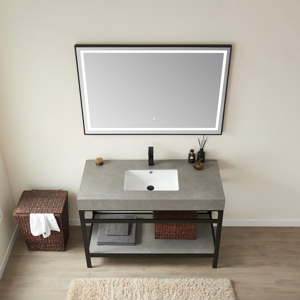 Funes Bath Vanity with Mirror, Matte Black Support, 48'', Grey Stone Top