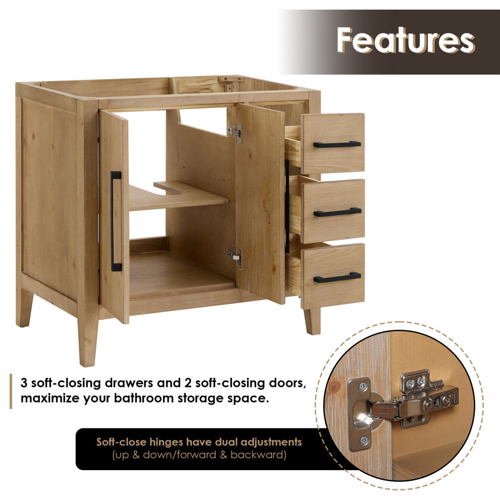 Laurel Bathroom Vanity with Calacatta White Quartz Stone Countertop, Weathered Fir, 36", Without Mirror