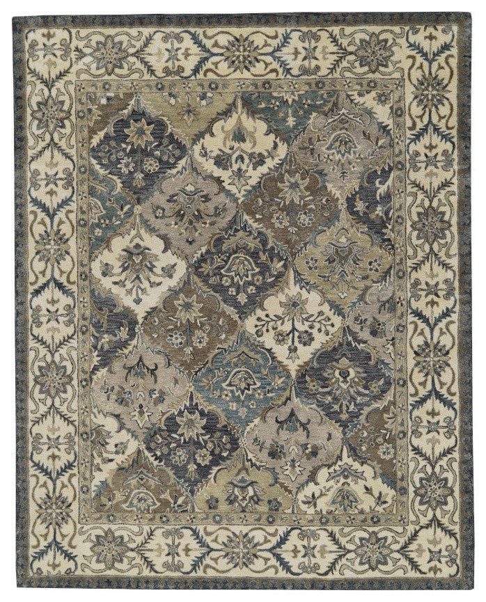 Weave & Wander Botticino Diamond Floral Persian Wool Rug, Navy/Grey/Beige, 3'6"x