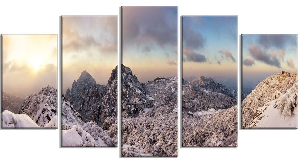 "Huangshan Hill Snow in Winter" Landscape Wall Art Print, 5 Panels, 60"x32"