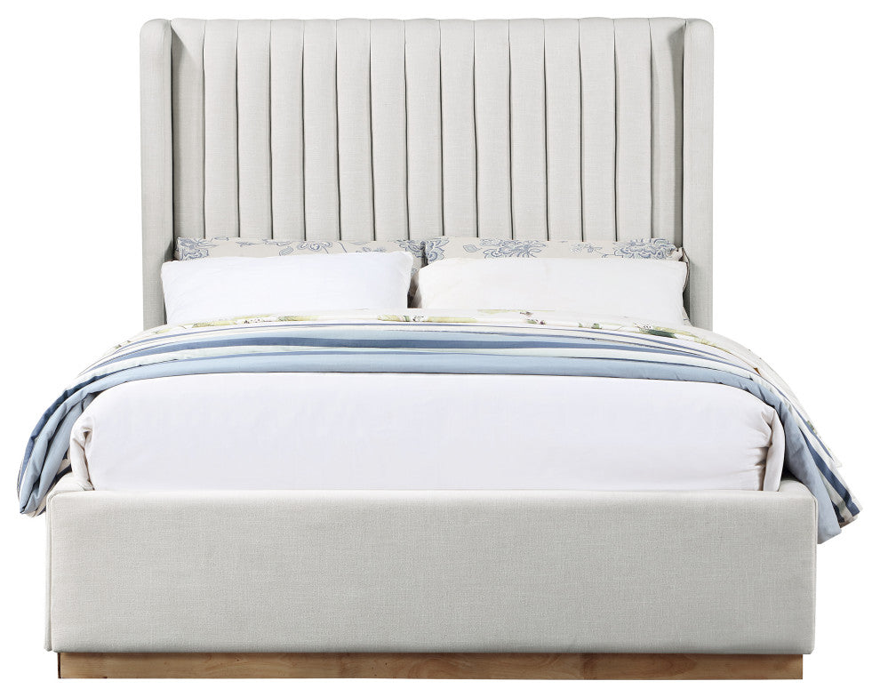 Logan Beige Linen Textured Fabric Twin Bed, Cream, Full