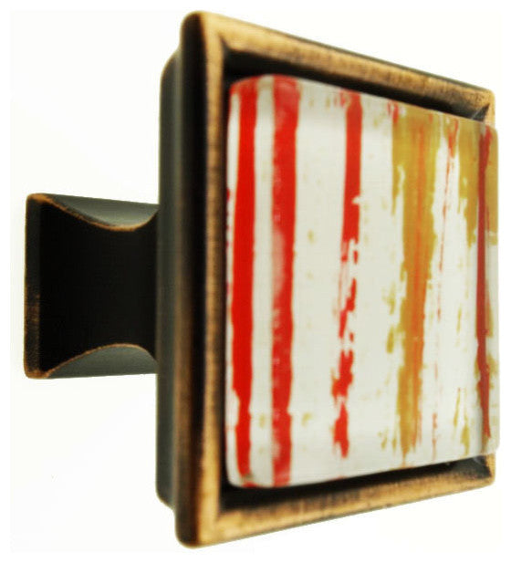 Hand Brushed Red Orange Streaks Crystal Glass Oil Rubbed Bronze Classic Knob