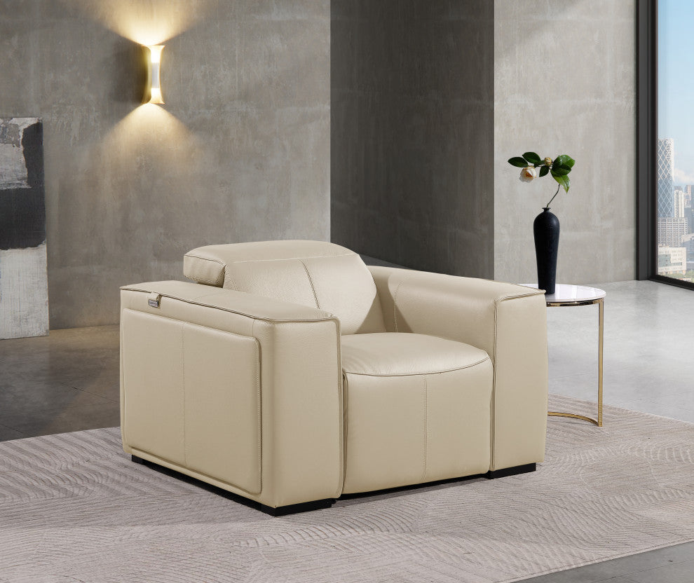 Niccolo Italian Leather Power Reclining Arm Chair With Power Headrests, Beige