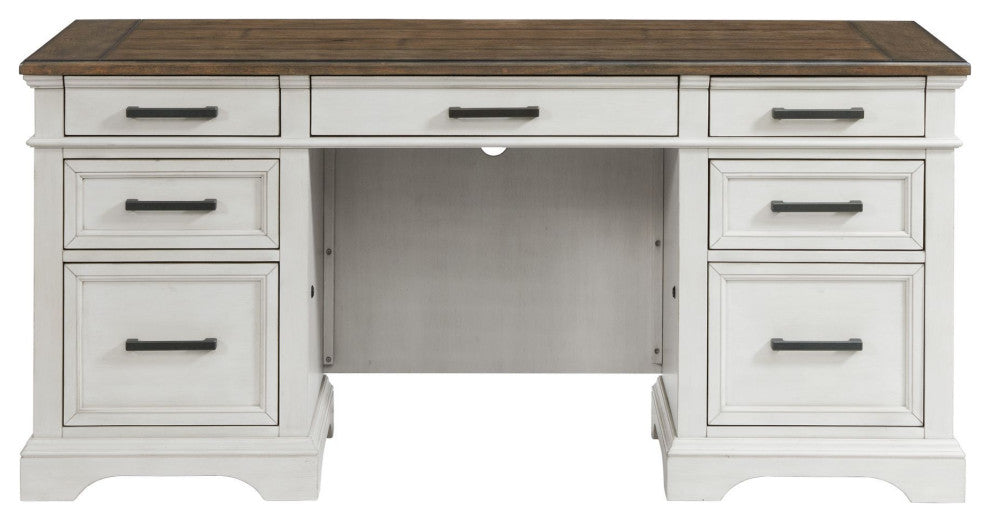 Drake 66" Wide Executive Desk, Rustic White and French Oak