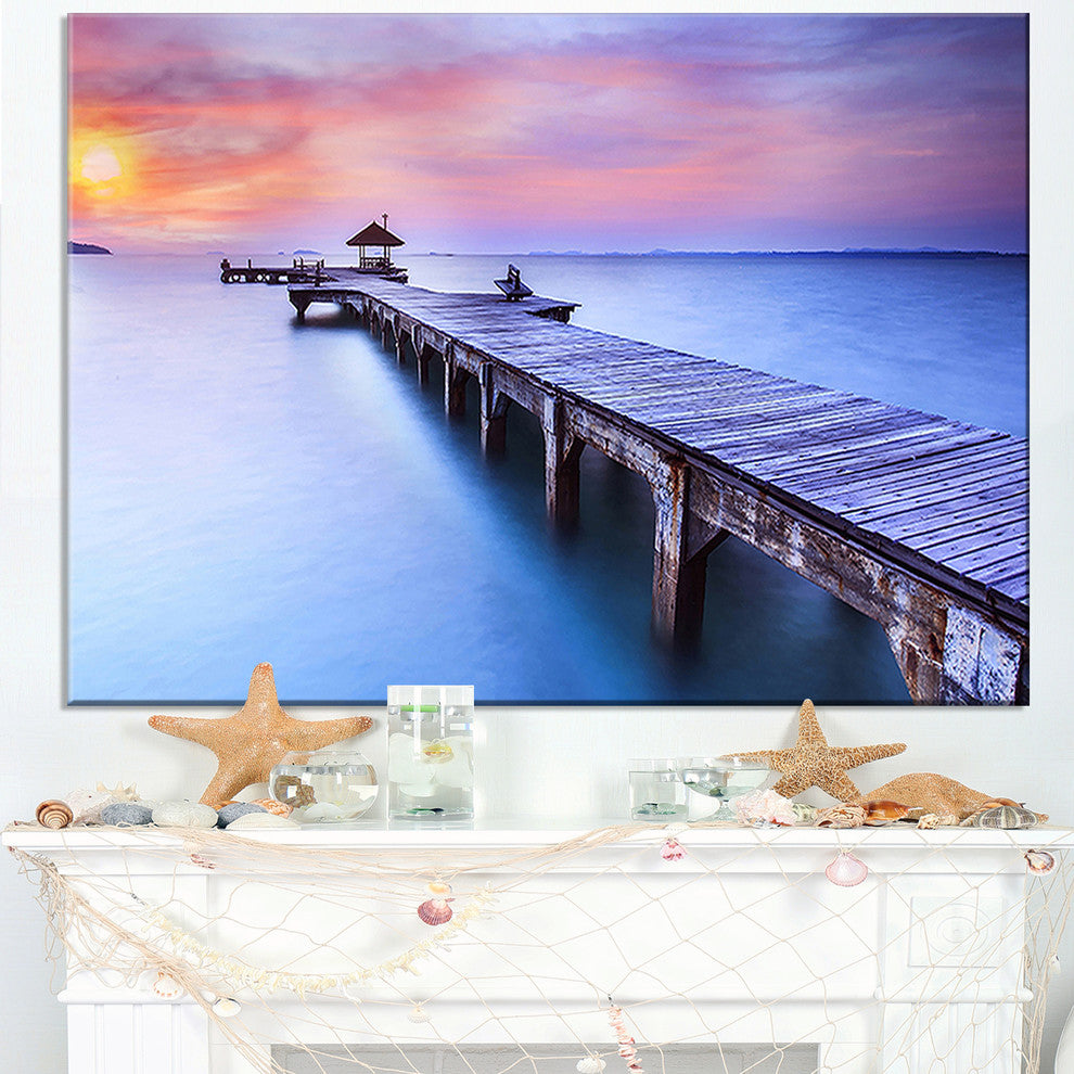 "Beach With Blue Waters and Wood Bridge" Sea Pier Wall Art Canvas Print, 40"x20"