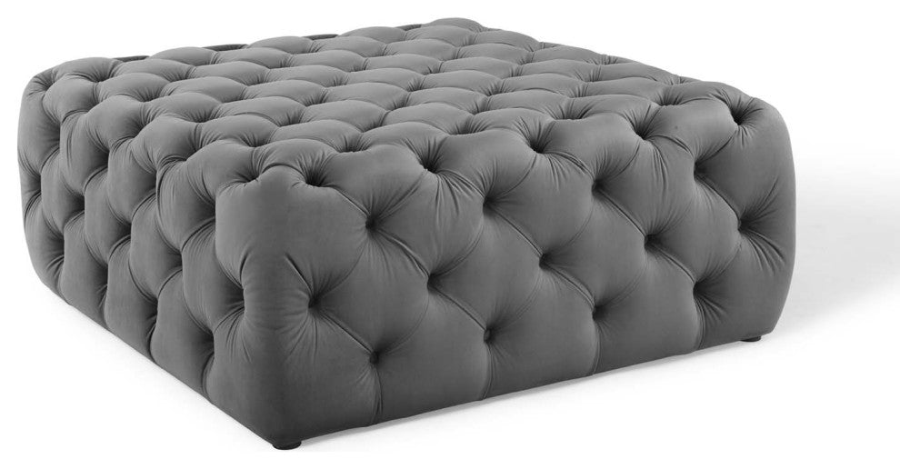 Anthem Tufted Button Large Square Performance Velvet Ottoman Gray