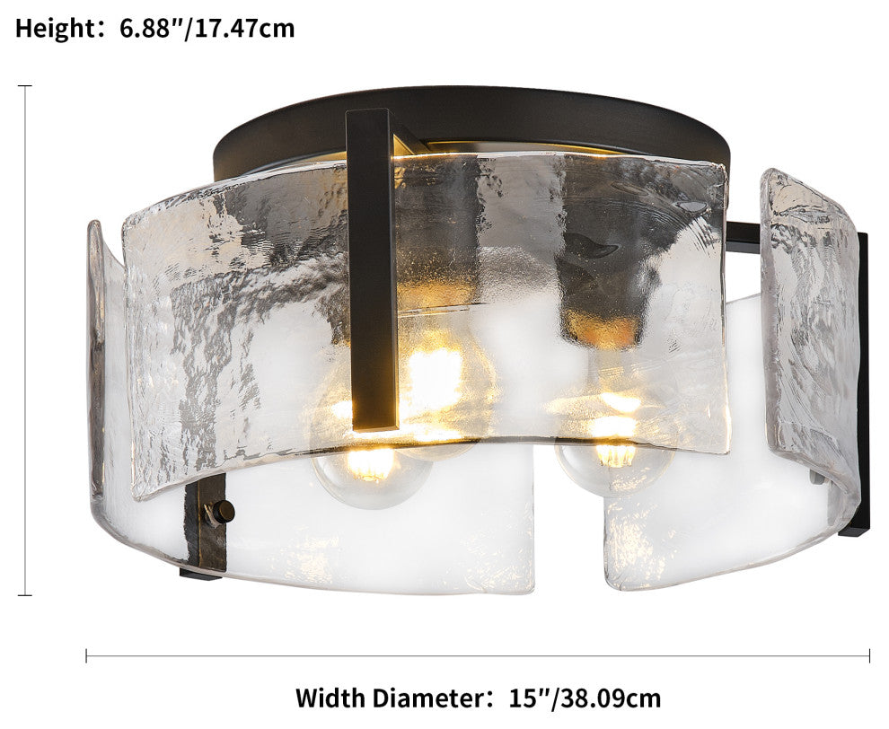 Modern Black Metal Flush Mount Ceiling Light with Curved Water Glass Panels