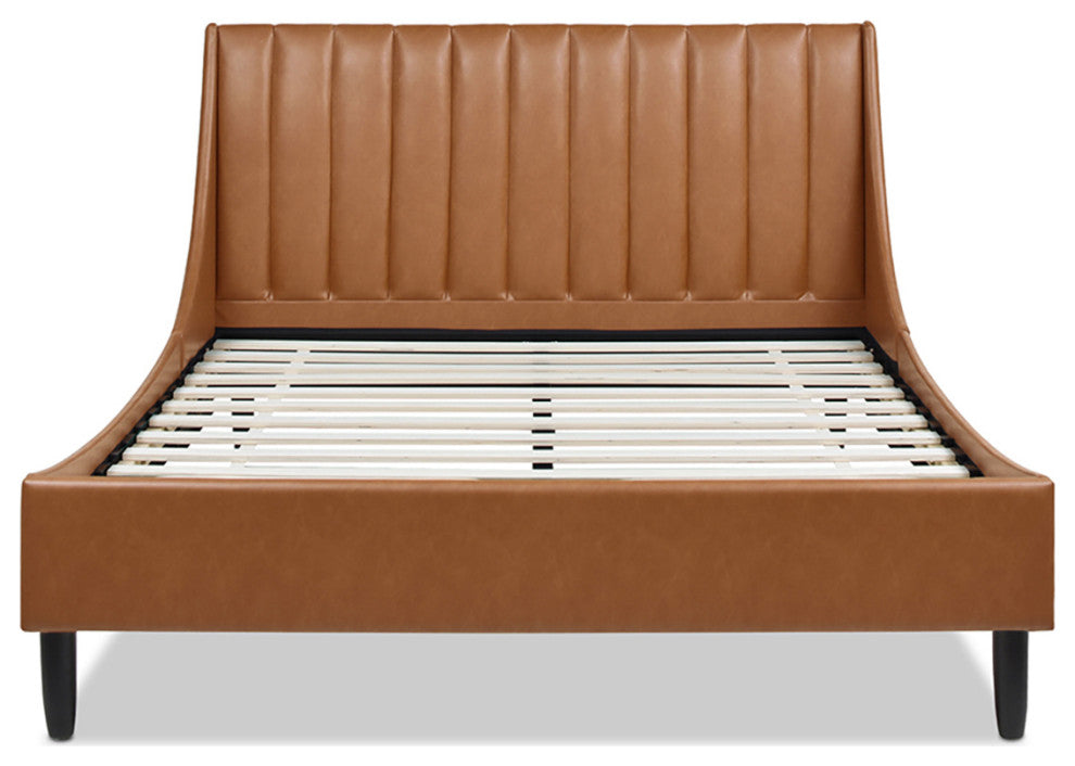 Aspen Modern Vertical Tufted Upholstered Platform Bed, Caramel Tan Brown Faux Leather, Queen