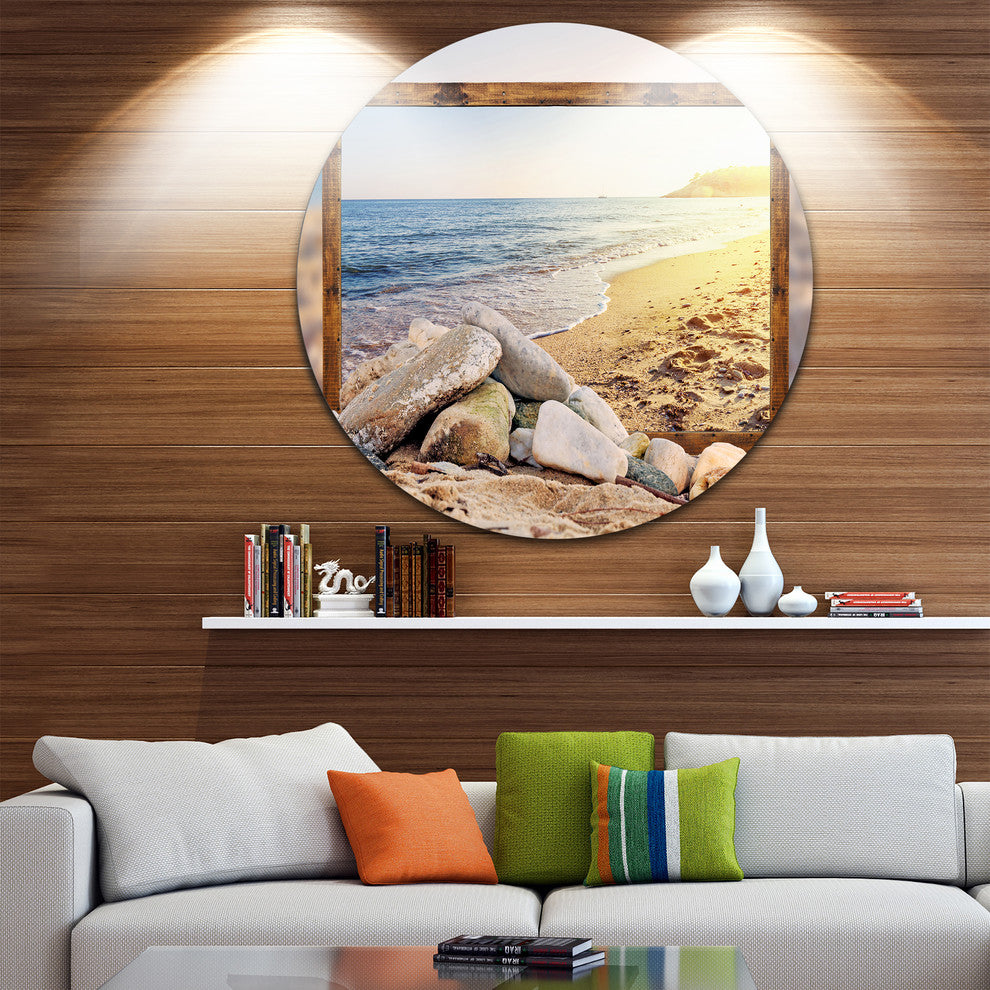 Framed Beach Rocks, Seashore Art Large Disc Metal Wall Art, 36"