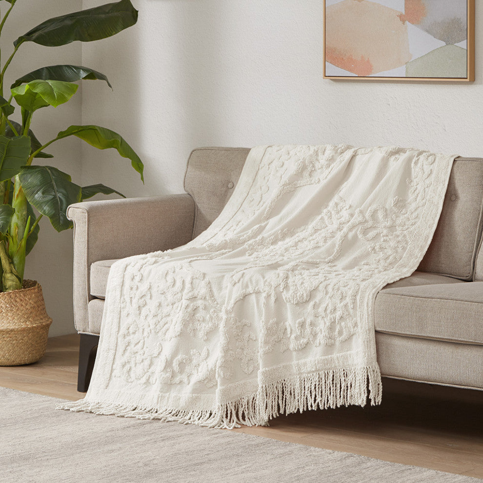 Madison Park Chloe Fringed Tufted Throw Blanket, Boho Pattern, White