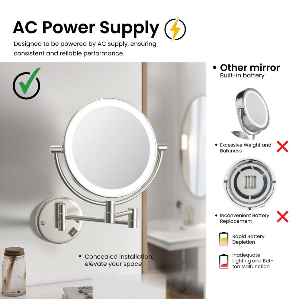 Circular LED Wall Mount Magnifying Make Up Mirror, Brushed Nickel