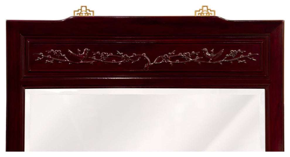 Dark Cherry Rosewood Flower and Bird Asian Vertical Mirror