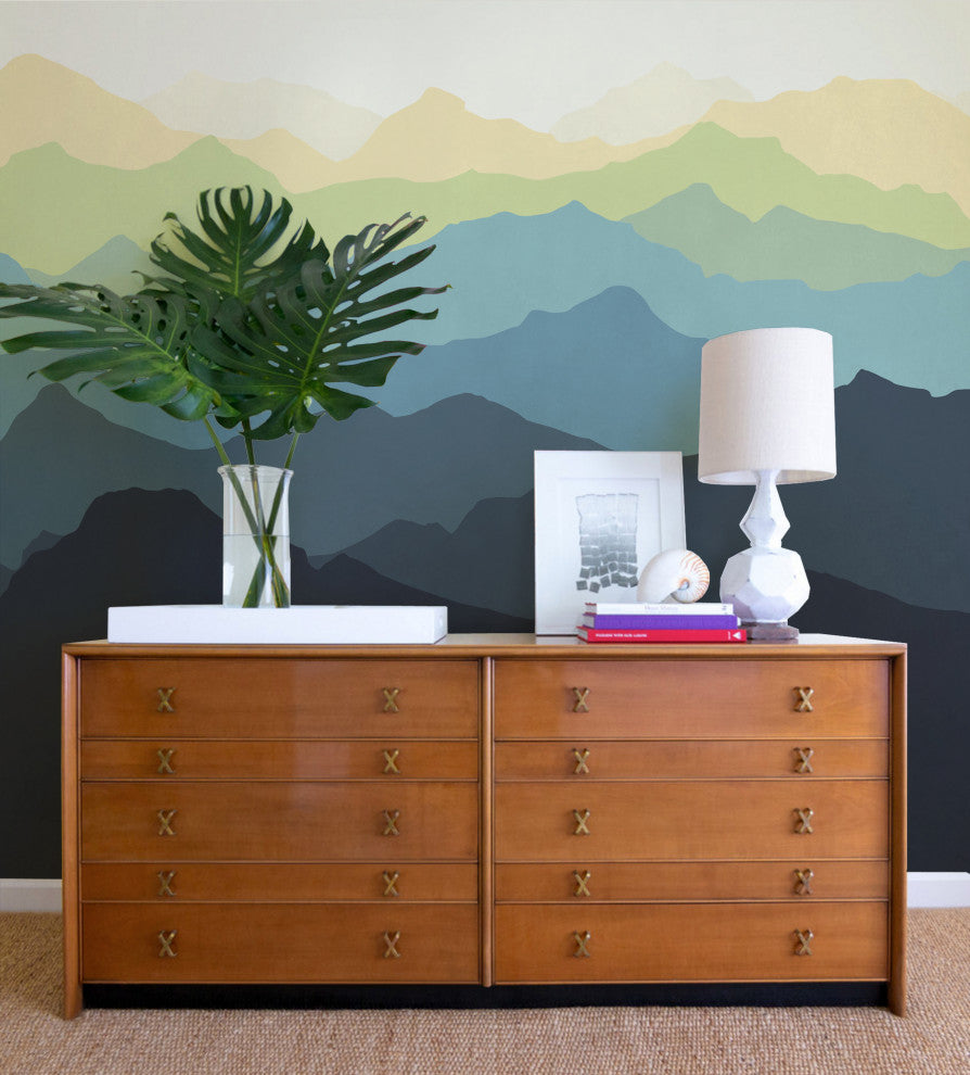 Mountain Mural Wall Art Peel and Stick Vinyl Wallpaper, Navy/Yellow, 24"x96"