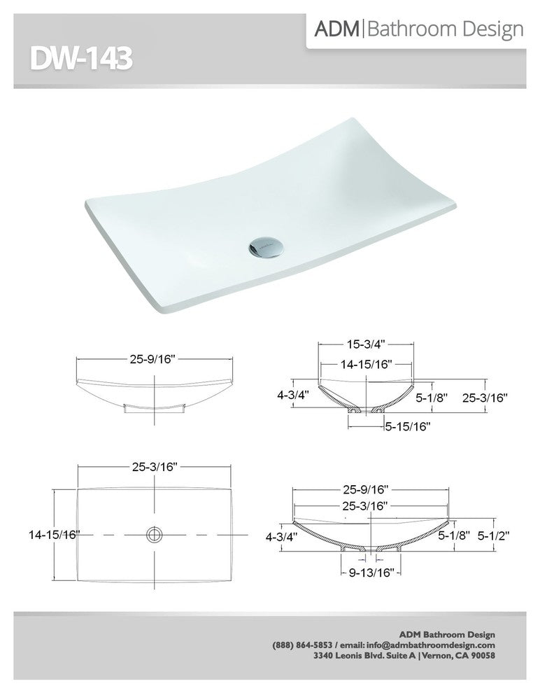 ADM Curved Stone Resin Countertop Sink, White, 25", Matte White
