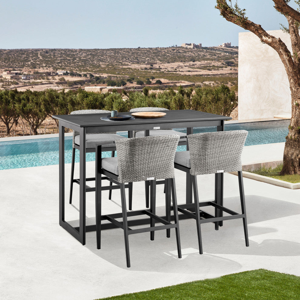 Palma Outdoor Patio 5-Piece Bar Table Set, Aluminum With Gray Cushions