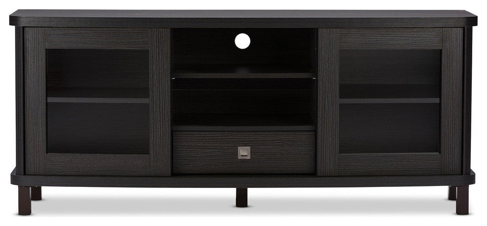 Walda 60" Dark Brown Wood TV Cabinet With Sliding Doors and Drawer