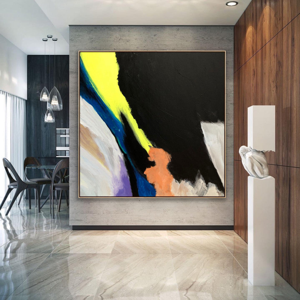 Strong 60x60 IN Black neon modern Art Large Abstract Painting White Minimal Art