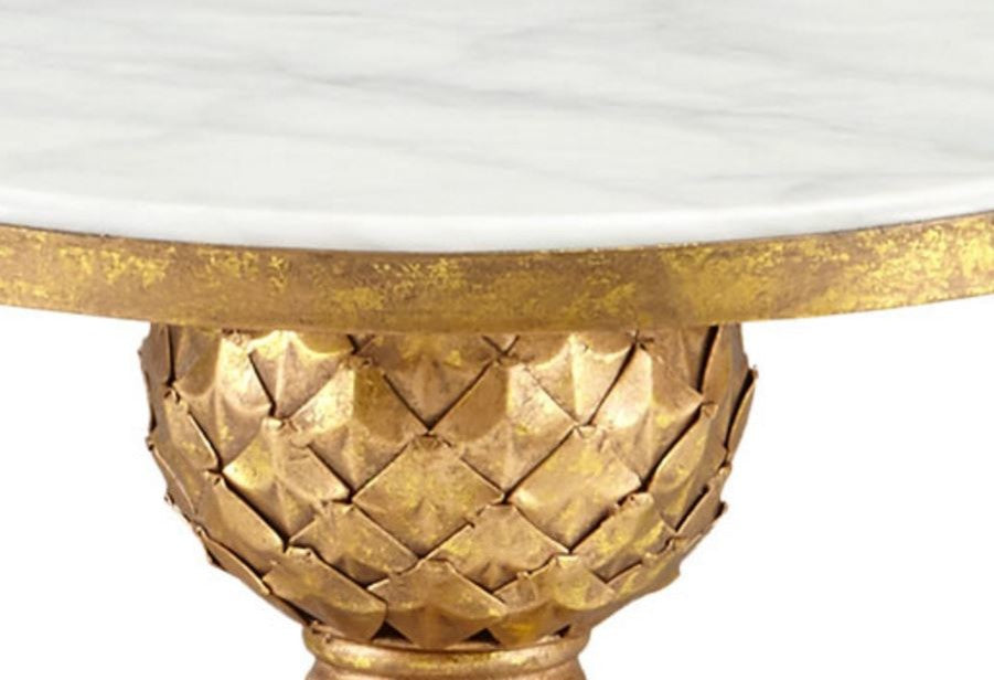 Wrought Iron Antique-Style Gold Tassel Table, White Marble Top