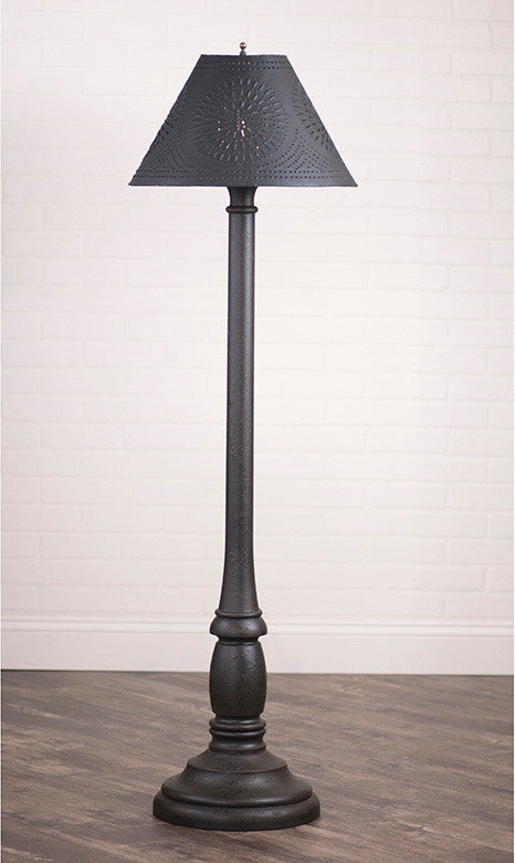 USA Handcrafted Wood Floor Lamp Textured Paint Finish, Black, Punched Tin Shade