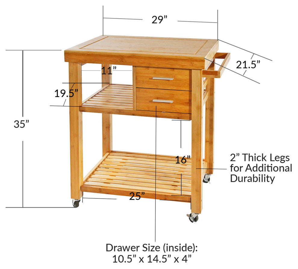Rolling Bamboo Wood Kitchen Island Cart Trolley, Cabinet w/ Towel Rack & Drawers