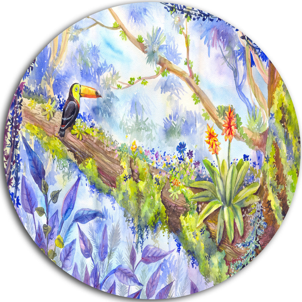 Jungle With Bird Toucan On Tree, Round Metal Wall Art Landscape, 11"