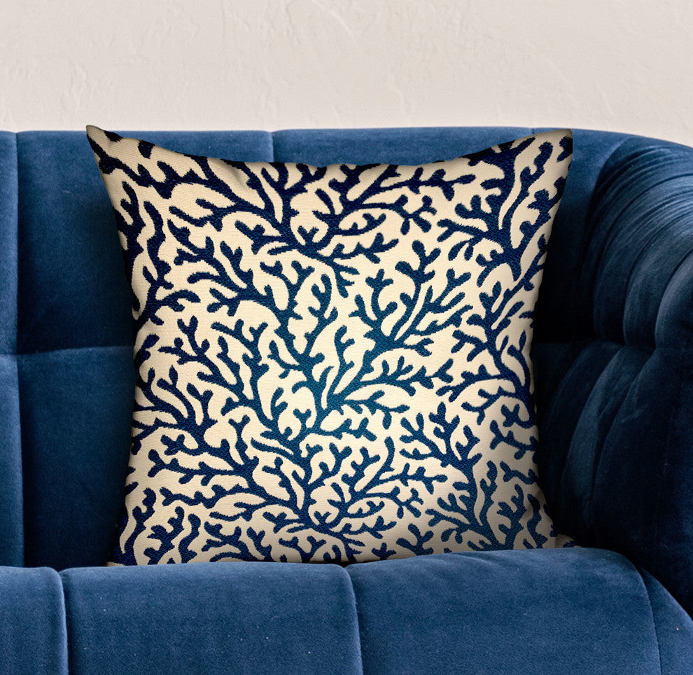 Plutus Sapphire Vines Blue, cream Floral Luxury Throw Pillow, 22"x22"