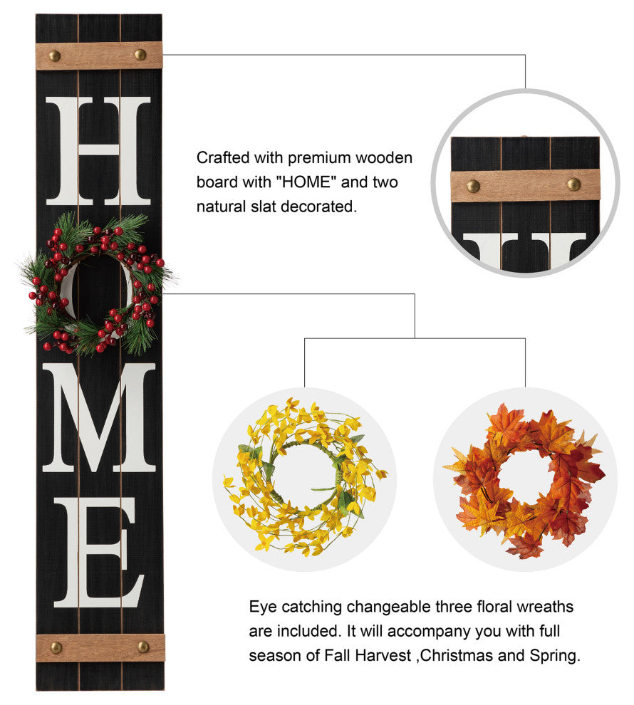 42"H Christmas Wooden "HOME" Black Porch Sign With Wreath