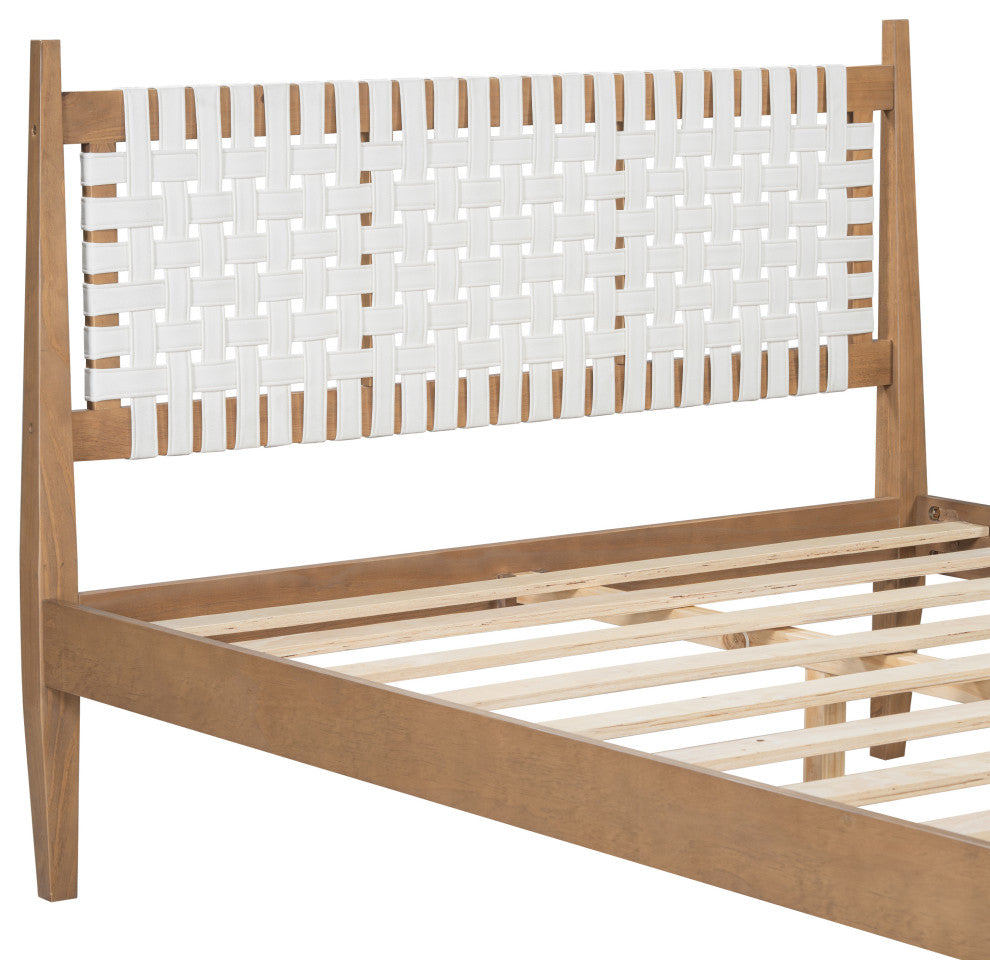 GDF Studio Queen Platform Bed With Woven White Leather Back & Natural Wood Frame