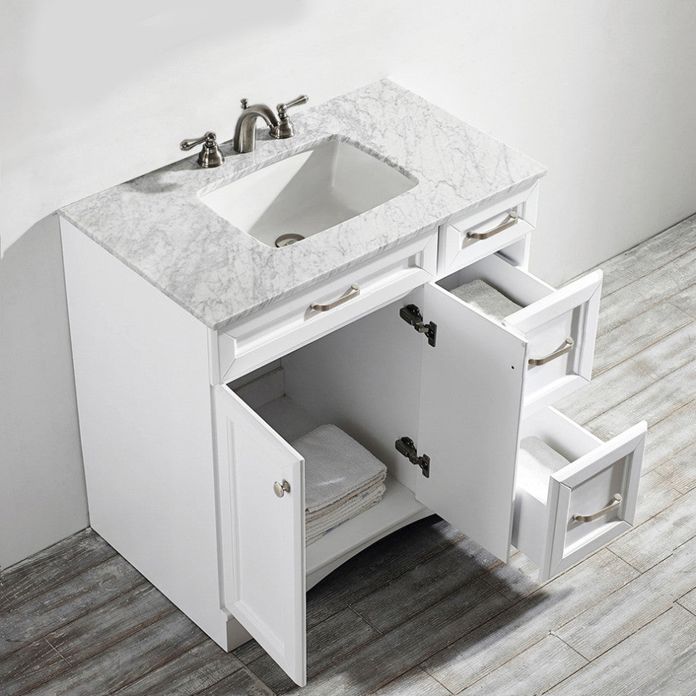 Naples 36" Vanity in White with Carrara White Marble Countertop Without Mirror