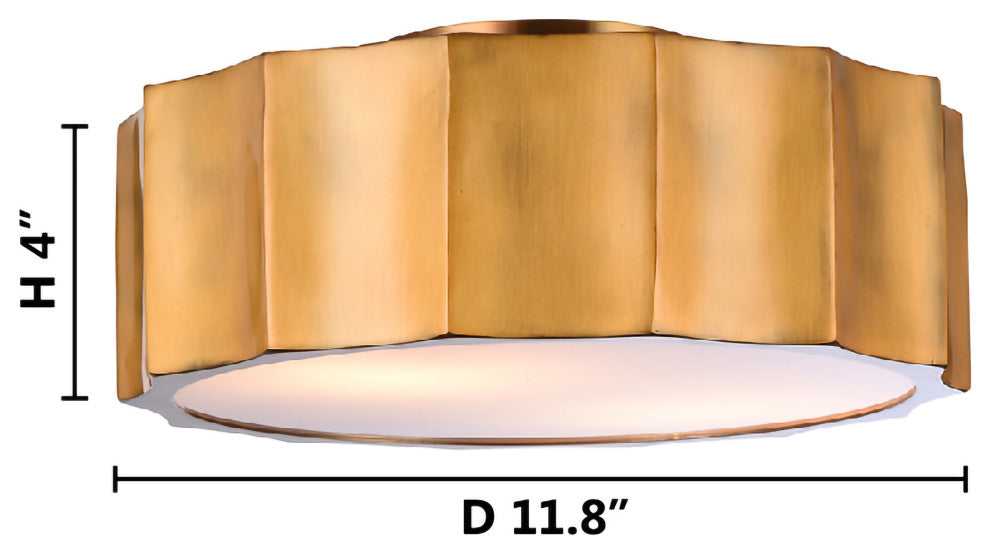 Iron Wave Flushmount Light With White Frosted Acrylic Cover, Brass