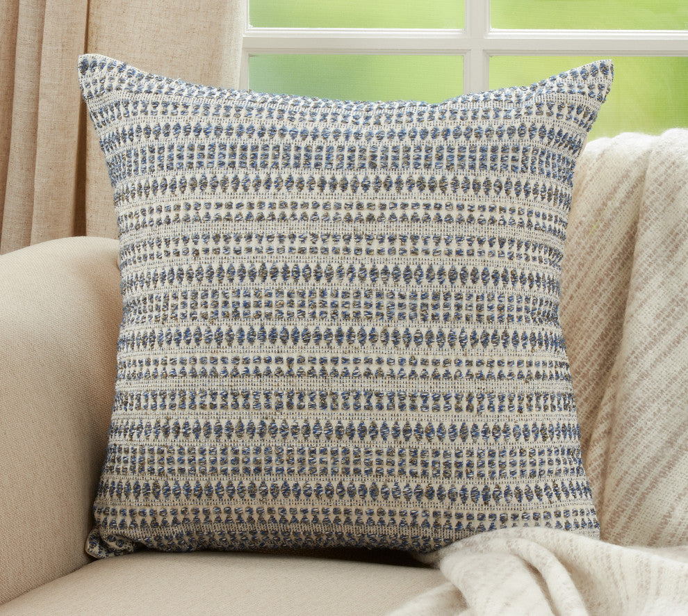 Woven Pillow With Line Design, Blue, 22"x22", Down Filled
