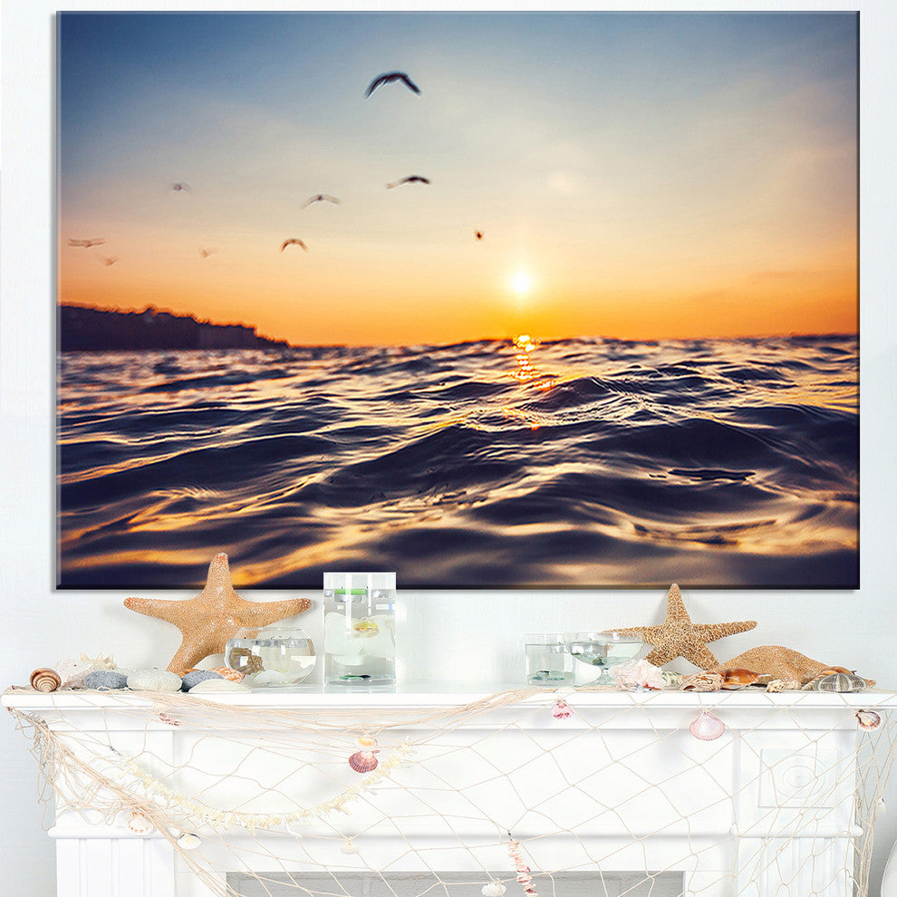 "Orange Tinged Sea Waters At Sunrise" Beach Canvas Wall Art, 1 Panel, 60"x28"