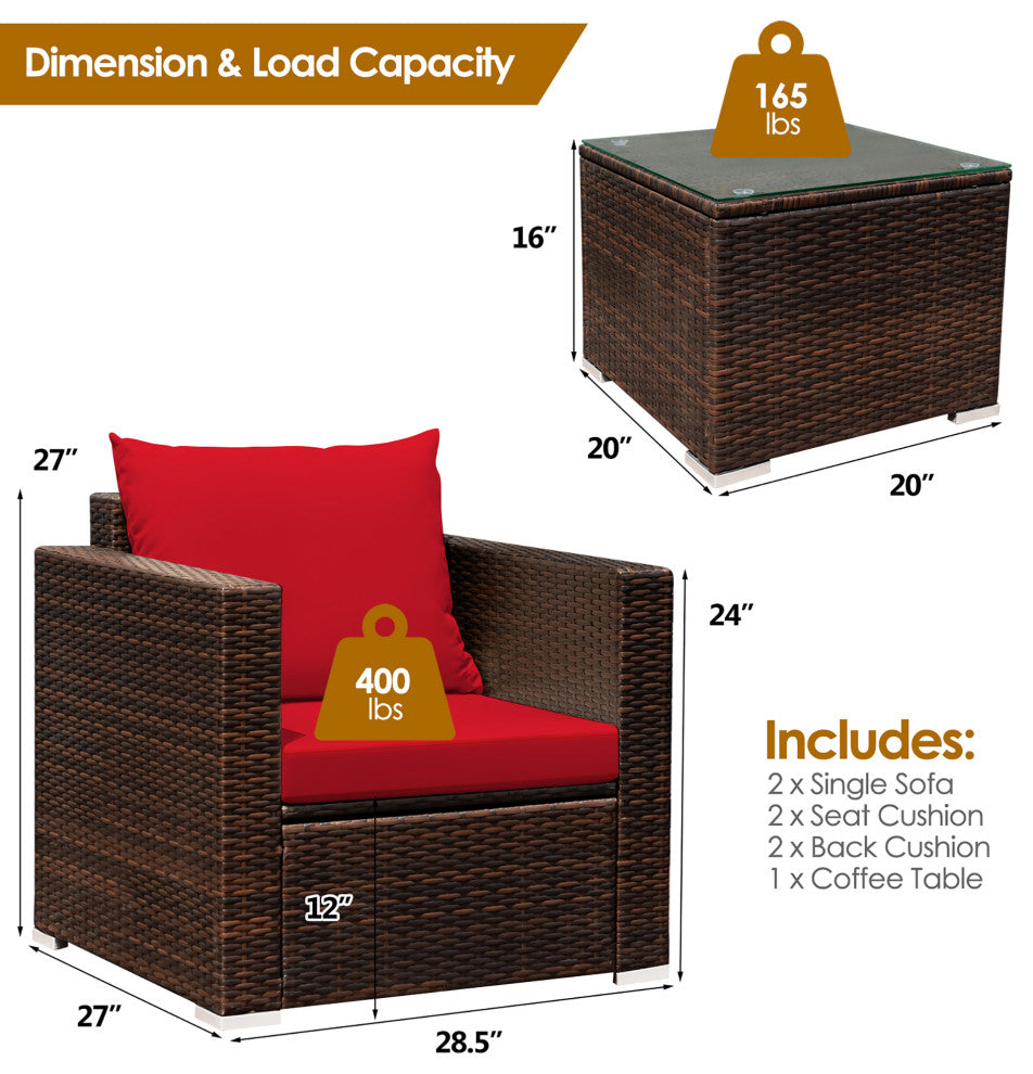 Costway 3PCS Patio Rattan Furniture Set Sofa Cushioned Garden Red