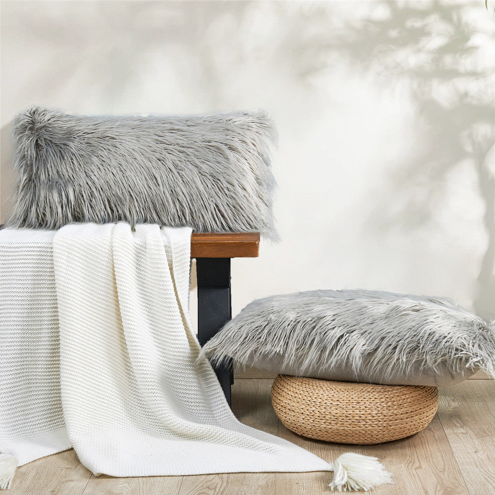 Mongolian Faux Fur Pillow Shell Set, Gray, 14"x26"