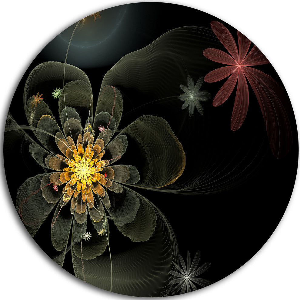 Yellow Small Fractal Flower In Black, Floral Disc Metal Wall Art, 11"
