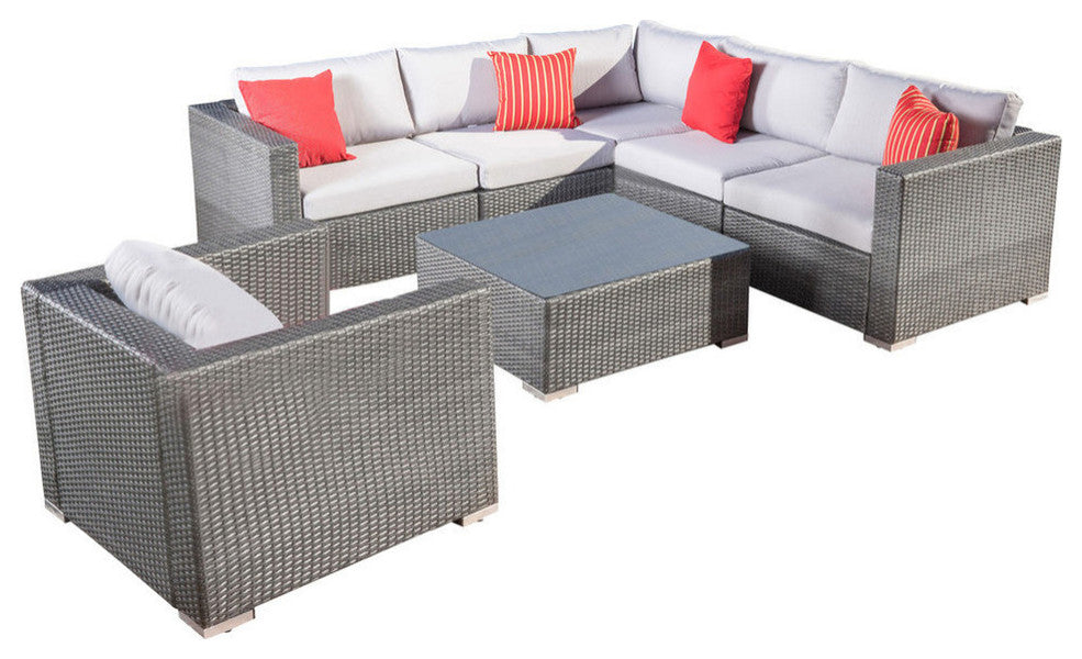 GDF Studio 7-Piece Francisco Outdoor Wicker Seating Sectional Set With Cushions, Gray/Light Gray