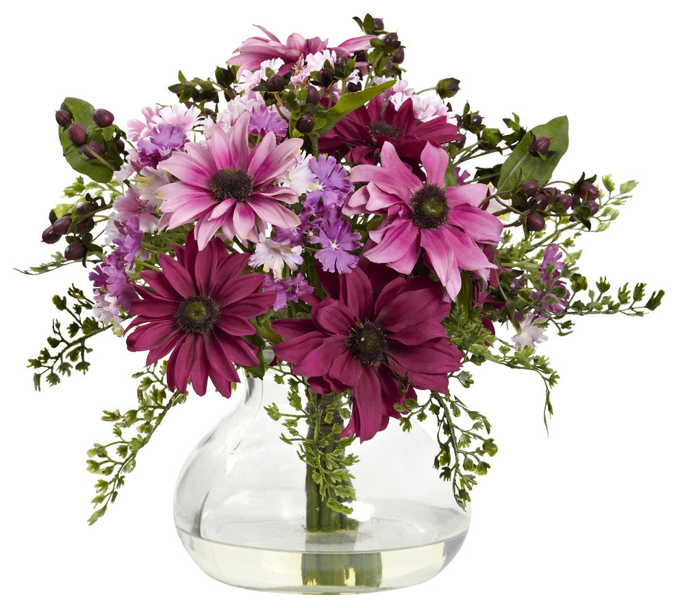 Mixed Daisy Floral Arrangement With Vase, Pink