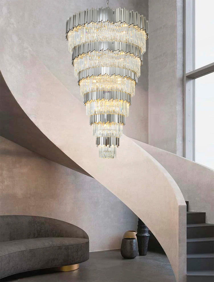 D60" 6-Tier Chrome Frame Chandelier With Clear Hanging Crystals