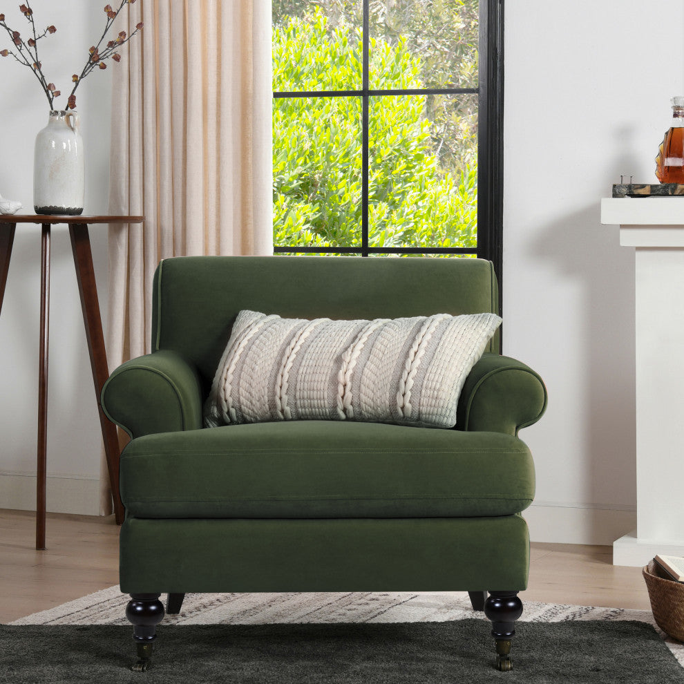 Alana 38" Lawson Accent Arm Chair, Metal Casters, Olive Green Performance Velvet