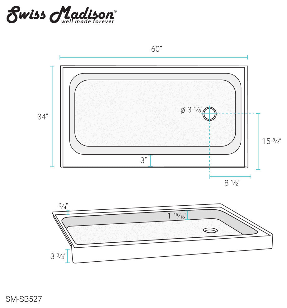 Voltaire 60"x34" Acrylic White, Single-Threshold, Shower Base, Right Side Drain