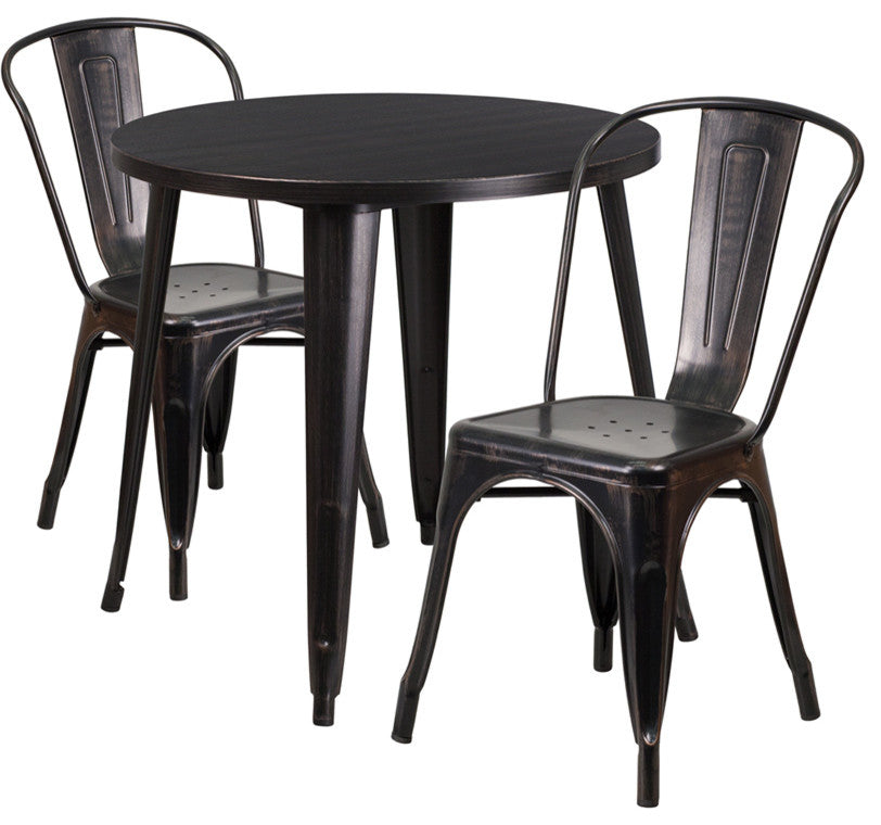 30'' Round Black-Antique Gold Metal Indoor-Outdoor Table Set With 2 Cafe Chairs