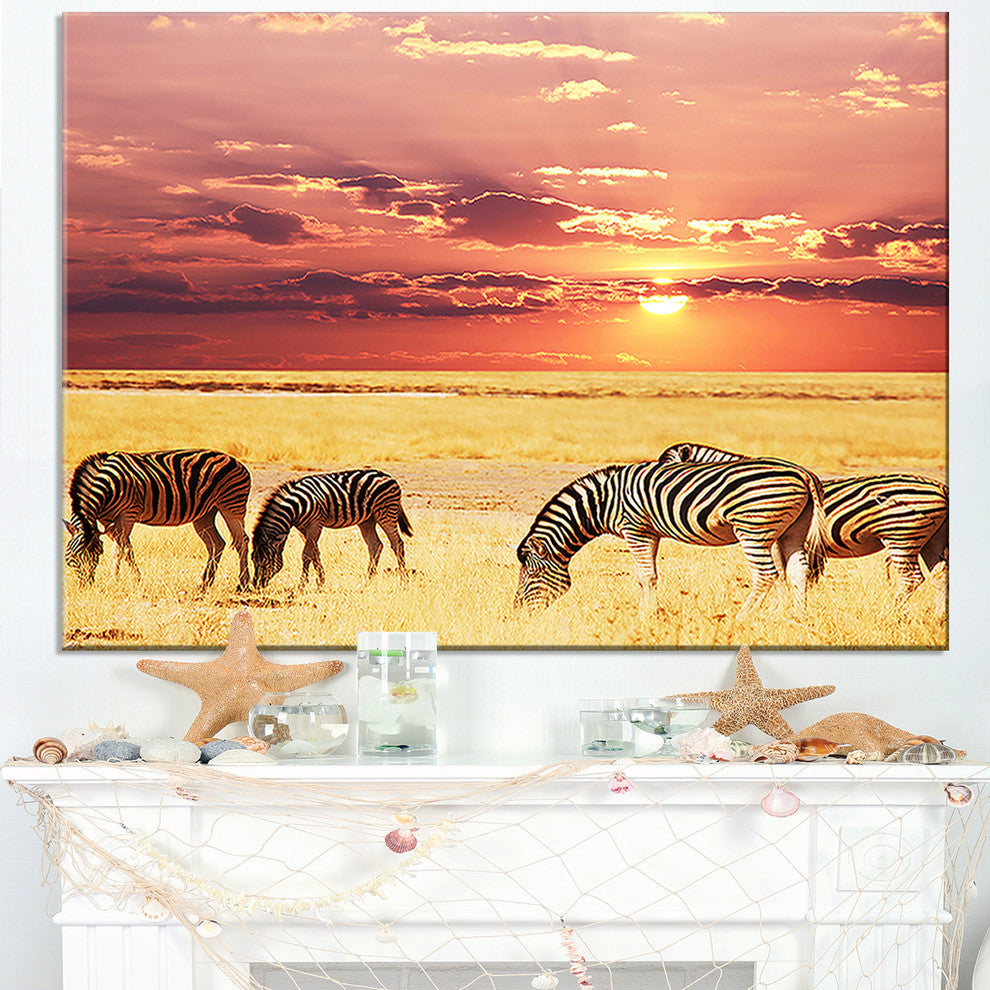 "Zebras Grazing Together At Sunset" Modern Landscape Wall Art Canvas, 32"x16"