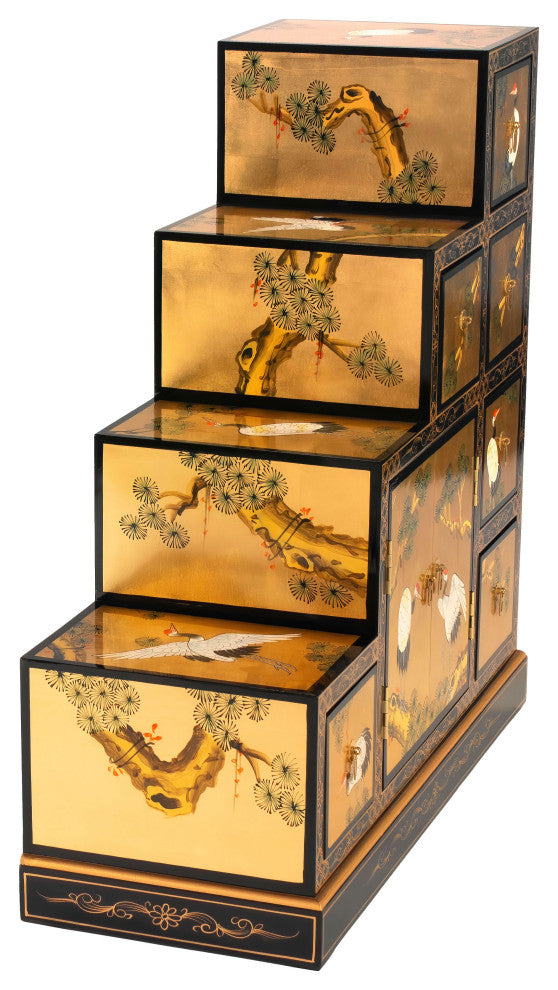 Gold Lacquer Step Tansu Cranes