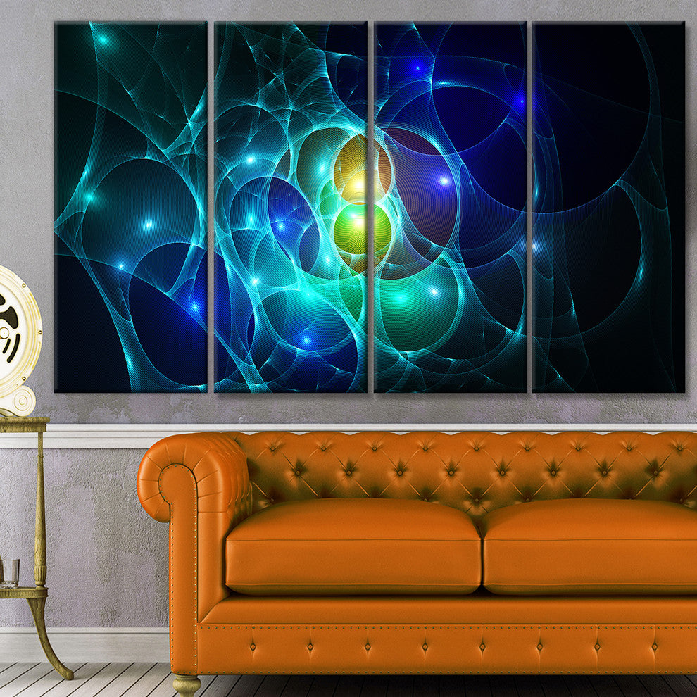Blue Glowing Bubbles Time, Abstract Wall Art Canvas, 48"x28", 4 Panels