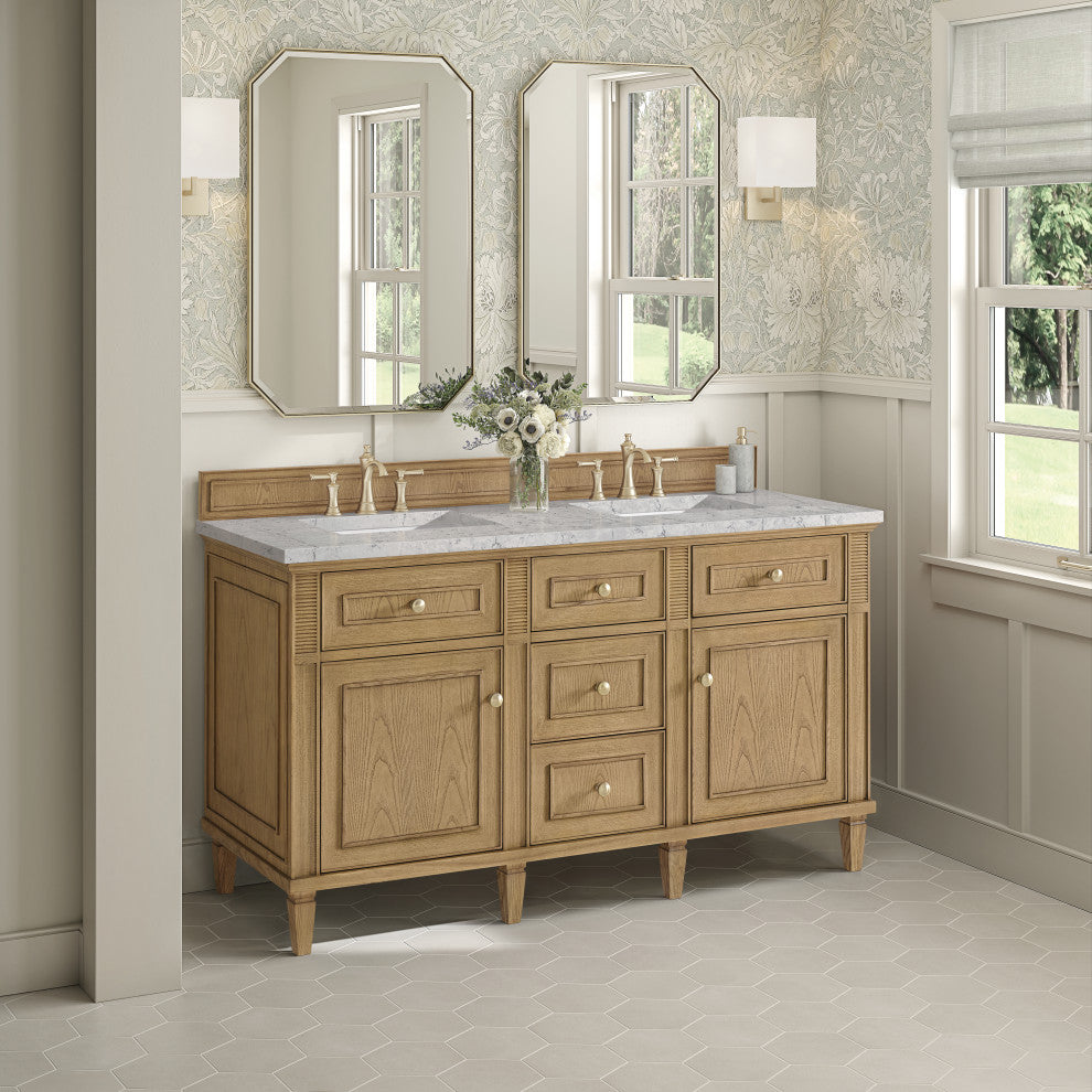 Lorelai 60" Double Vanity, Light Natural Oak, 3 CM Eternal Jasmine Pearl Top