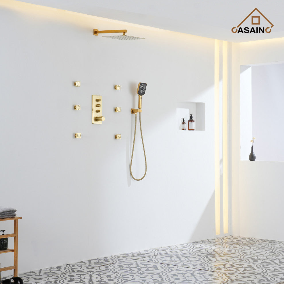 3 Functions 12 Inch Wall Mount Thermostatic Shower System, Brushed Gold
