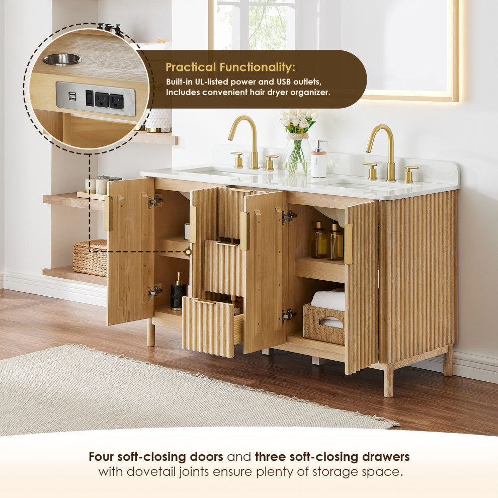 Sierra Bathroom Vanity, Washed Light Brown, 60inch, Without Mirror